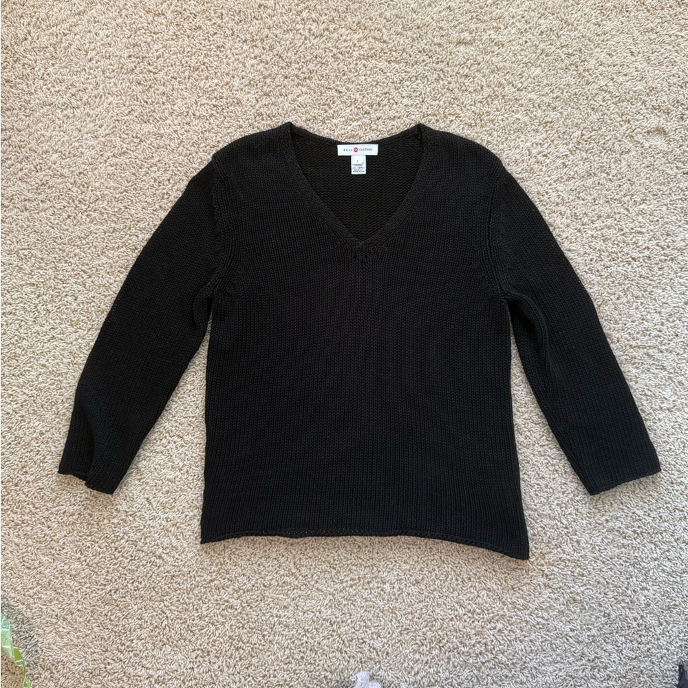 Saks Fifth Avenue Real Clothes 100% Cotton Black Vneck Sweater Women’s Large